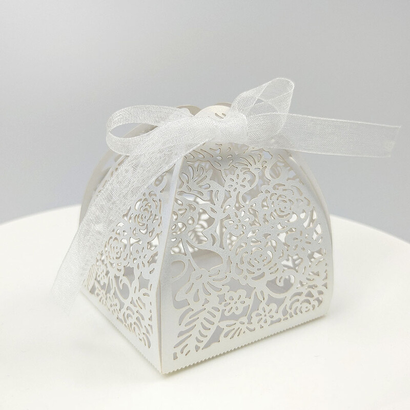 10 vnt. Rožių, Gėlių, Lazeriu Iškirptų Tuščiavidurių Dėžutės Auksinės Baltos Dovanų Saldainių Dėžutės su Kaspinu Vestuvių Kūdikių Vakarėlio reikmenims