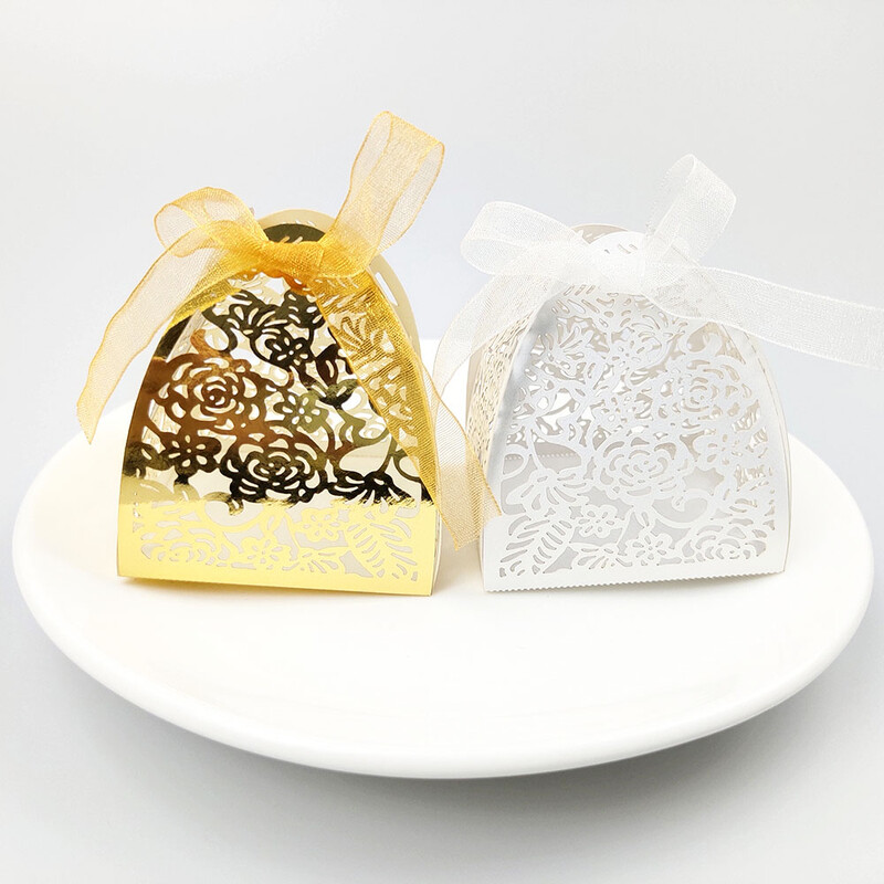 10 vnt. Rožių, Gėlių, Lazeriu Iškirptų Tuščiavidurių Dėžutės Auksinės Baltos Dovanų Saldainių Dėžutės su Kaspinu Vestuvių Kūdikių Vakarėlio reikmenims