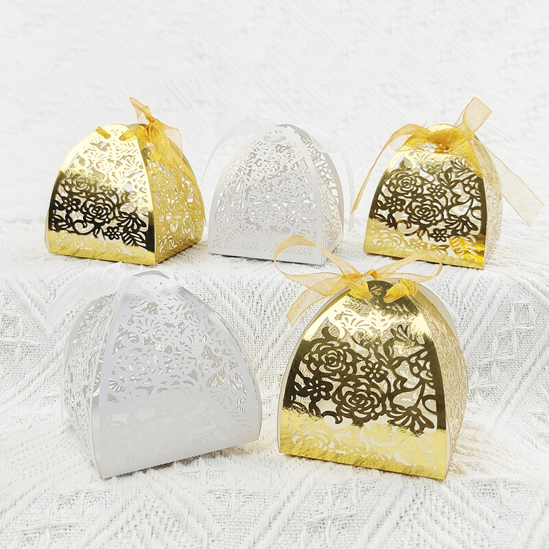 10 vnt. Rožių, Gėlių, Lazeriu Iškirptų Tuščiavidurių Dėžutės Auksinės Baltos Dovanų Saldainių Dėžutės su Kaspinu Vestuvių Kūdikių Vakarėlio reikmenims