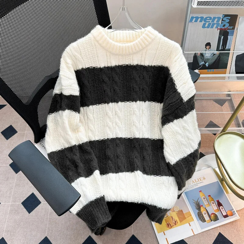 Ανδρικό πουλόβερ με ριγέ πουλόβερ, χαλαρή, μοντέρνα πλεκτή μπλούζα για μαθητές γυμνασίου Δημοφιλές ιαπωνικό στιλ στο Tiktok