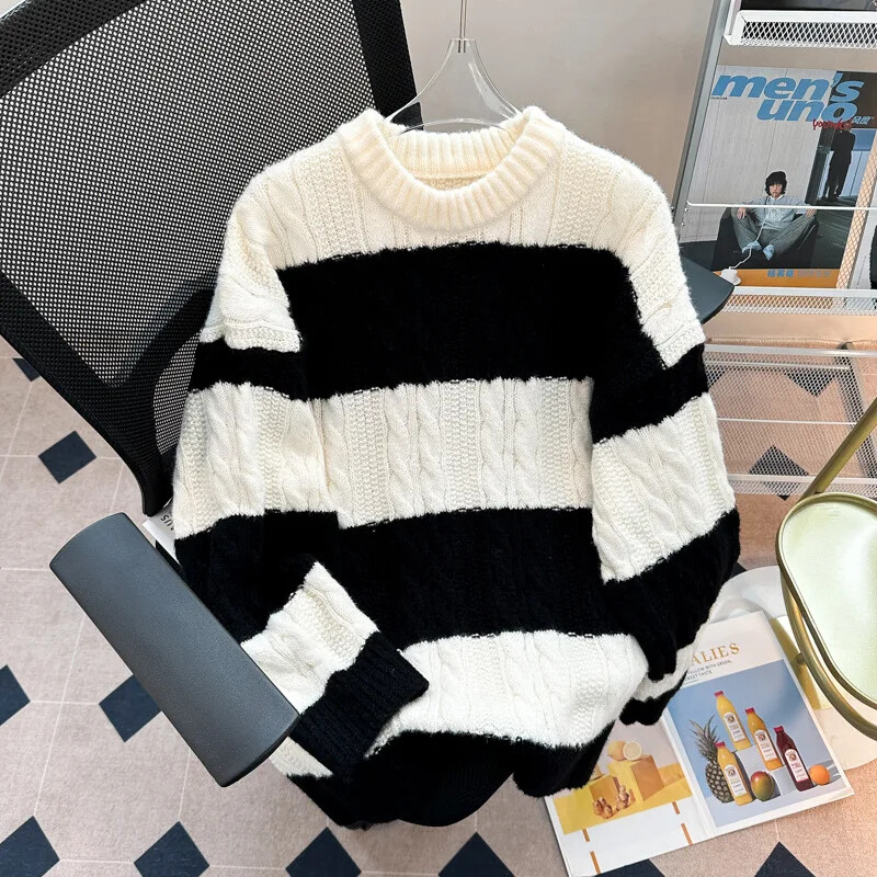 Ανδρικό πουλόβερ με ριγέ πουλόβερ, χαλαρή, μοντέρνα πλεκτή μπλούζα για μαθητές γυμνασίου Δημοφιλές ιαπωνικό στιλ στο Tiktok