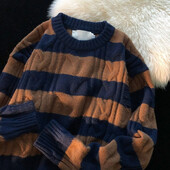 Ριγέ ανδρικό πουλόβερ Φθινόπωρο και Χειμώνας 2024 Νέα Splice Πουλόβερ O-Neck Μόδα χαλαρή μινιμαλιστική περιστασιακή μακρυμάνικη πλεκτή μπλούζα