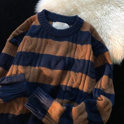 Ριγέ ανδρικό πουλόβερ Φθινόπωρο και Χειμώνας 2024 Νέα Splice Πουλόβερ O-Neck Μόδα χαλαρή μινιμαλιστική περιστασιακή μακρυμάνικη πλεκτή μπλούζα