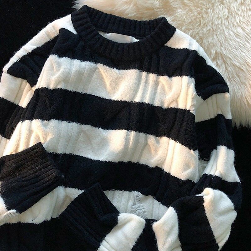 Ριγέ ανδρικό πουλόβερ Φθινόπωρο και Χειμώνας 2024 Νέα Splice Πουλόβερ O-Neck Μόδα χαλαρή μινιμαλιστική περιστασιακή μακρυμάνικη πλεκτή μπλούζα