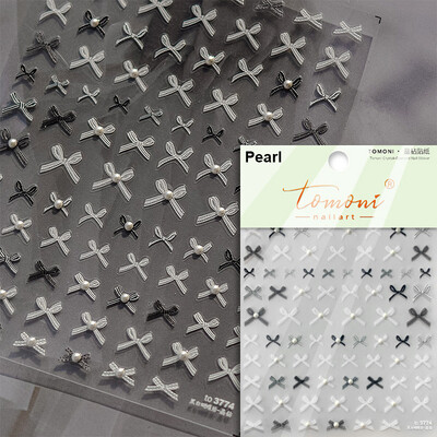 1 κομμάτι αυτοκόλλητα νυχιών με φιόγκο 5D ημιδιαφανές νήμα ελαφριά κορδέλα πολυτελείας ασπρόμαυρο αυτοκόλλητα διακόσμησης νυχιών με πέρλες