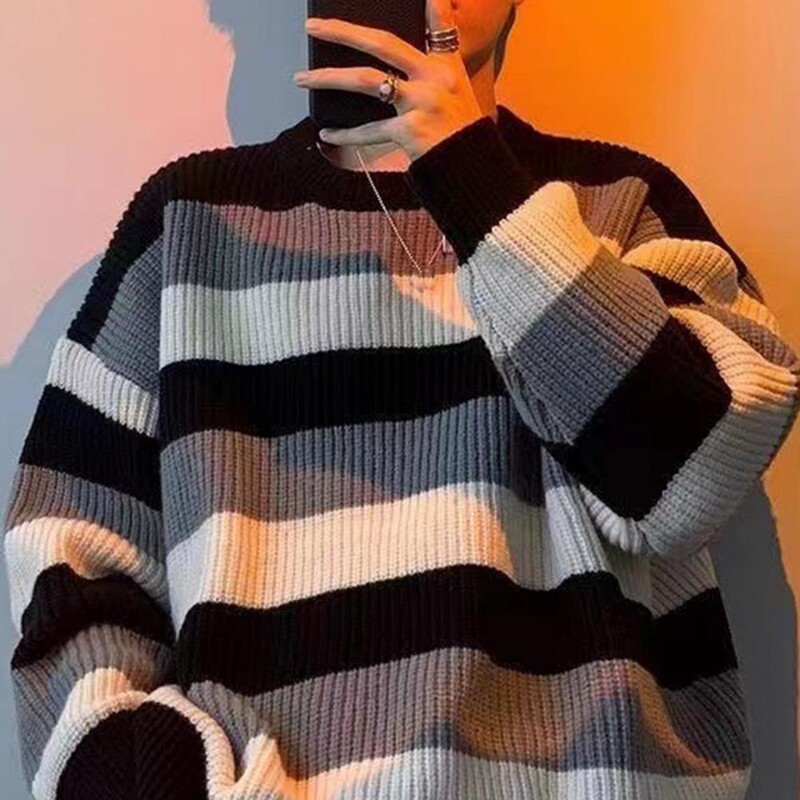Férfi csíkos pulóver meleg alkalmi pulóver Férfi csíkos Colorblock kötött pulóver vastag meleg O nyakú pulóver őszre télre puha