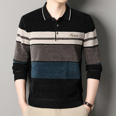 Pulover pentru bărbați cu revere Pulovere tricotate în dungi, toamnă iarnă, căptușită cu lână, tricotaje, pulovere îngroșate, New Jersey
