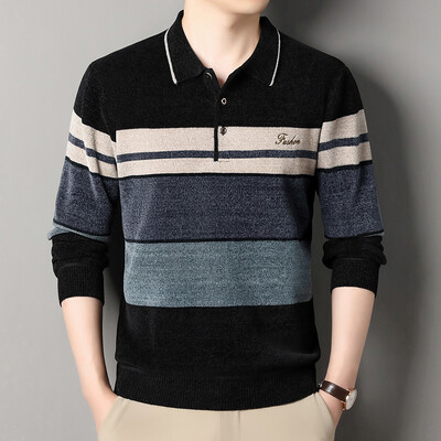 Pulover pentru bărbați cu revere Pulovere tricotate în dungi, toamnă iarnă, căptușită cu lână, tricotaje, pulovere îngroșate, New Jersey