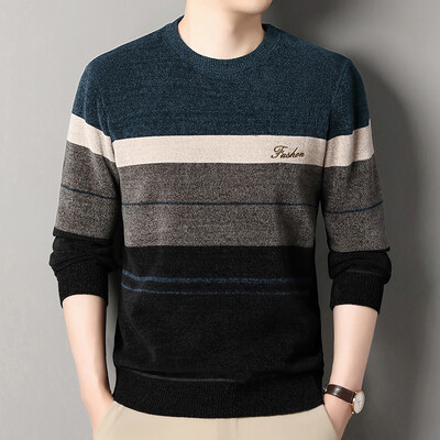 Pulover pentru bărbați cu revere Pulovere tricotate în dungi, toamnă iarnă, căptușită cu lână, tricotaje, pulovere îngroșate, New Jersey