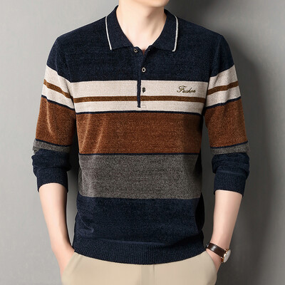 Pulover pentru bărbați cu revere Pulovere tricotate în dungi, toamnă iarnă, căptușită cu lână, tricotaje, pulovere îngroșate, New Jersey