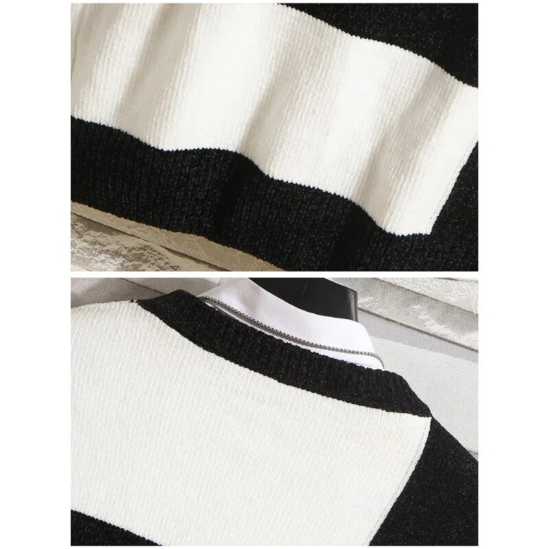 Moda bărbătească, cu mâneci lungi, guler rotund, cu dungi albe și negre, pulover de chenille, confortabil în toamna și iarna.