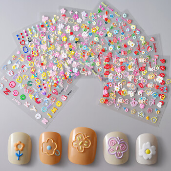 1 бр. 5D Kawaii стикер за нокти Цветни цветни букви Nail Art Slider Карикатура Маникюр Самозалепващи се за деца Момиче Декорация на ноктите