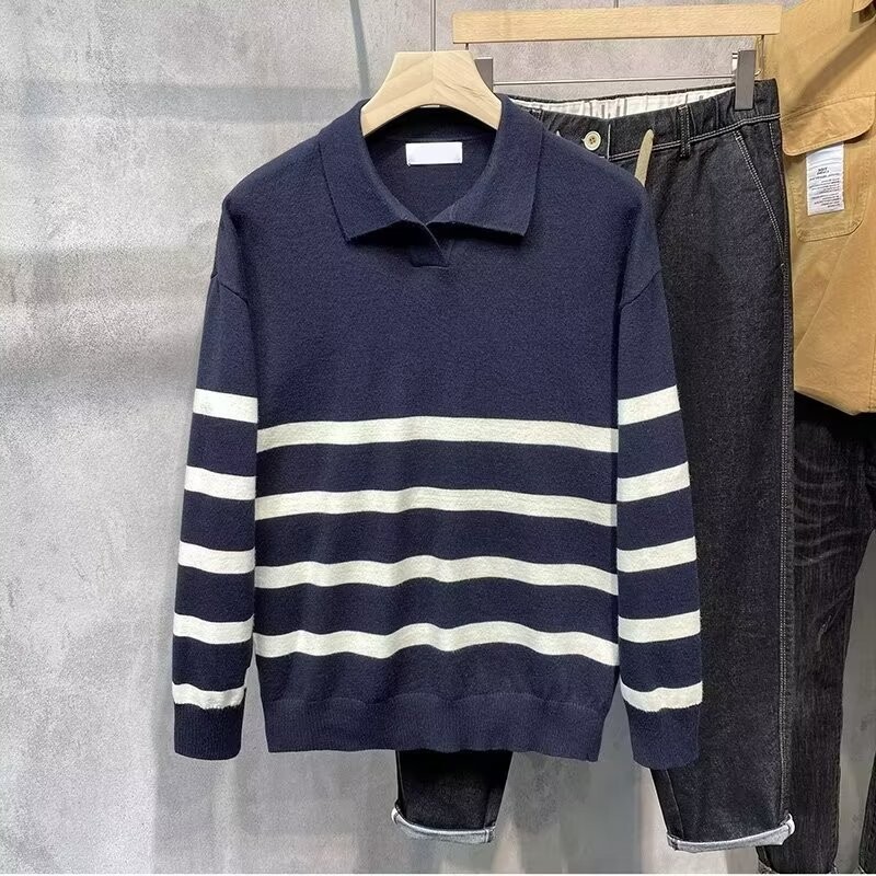 Jesenski jednostavni prugasti pulover na preklop za muškarce, ležerna vintage korejska modna pletena odjeća Top Novi Y2K široki pleteni pulover džemper