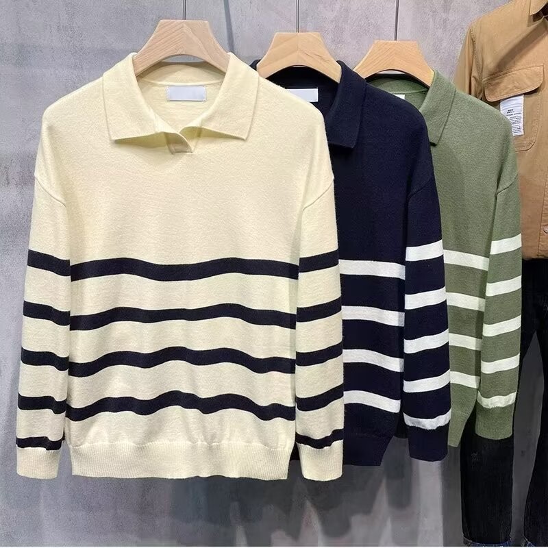Jesenski jednostavni prugasti pulover na preklop za muškarce, ležerna vintage korejska modna pletena odjeća Top Novi Y2K široki pleteni pulover džemper