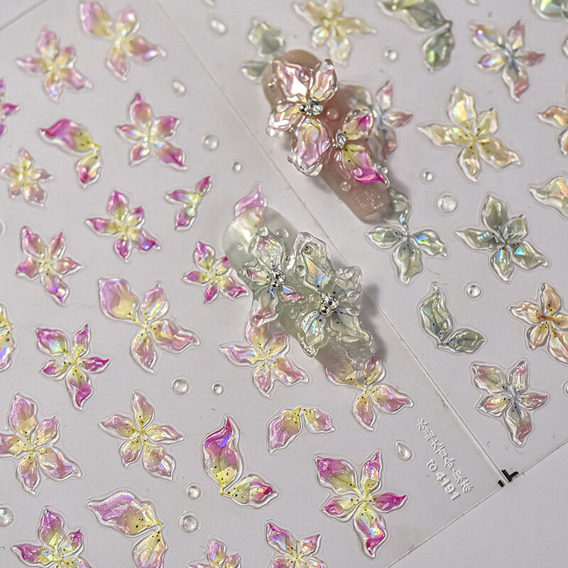 3D Fashion Jelly Flash Quadripetal Flower Butterfly Nail Art Naljepnice Dizajni za manikuru Visokokvalitetna samoljepljiva naljepnica T-4204