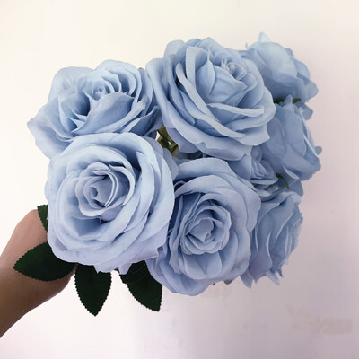 9Heads Buket ruža Umjetno cvijeće Svjetloplava kraljevsko plava tamnoplava Ruža Lažna ruža Dekoracija dnevne sobe Vjenčanje