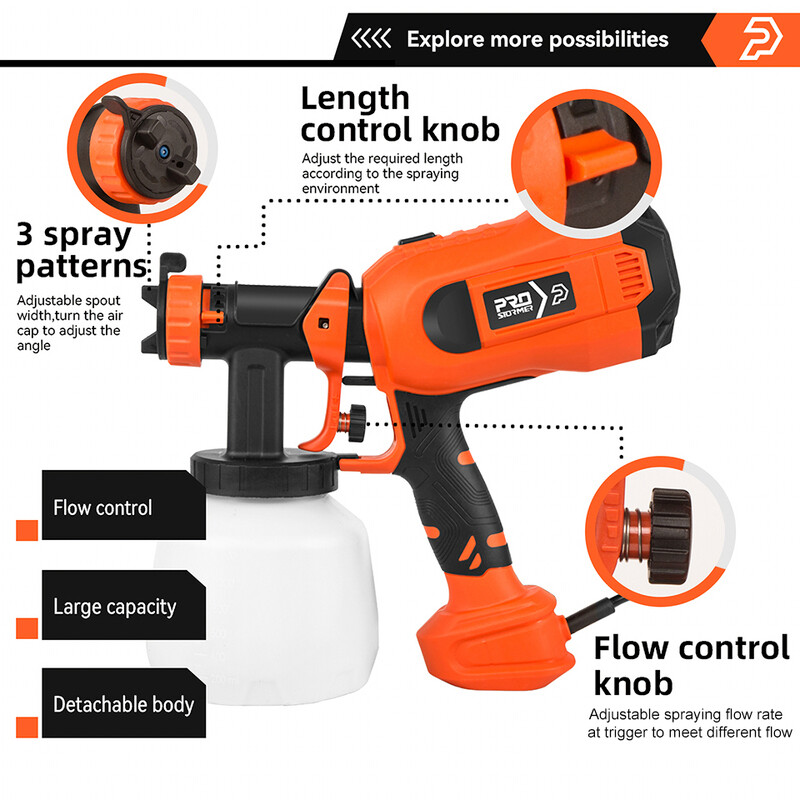 750 W elektrinis purškimo pistoletas 4 purkštukų dydžiai 1200 ml HVLP buitinis dažų purkštuvas srauto valdymas Lengvas purškimas naudojant PROSTORMER