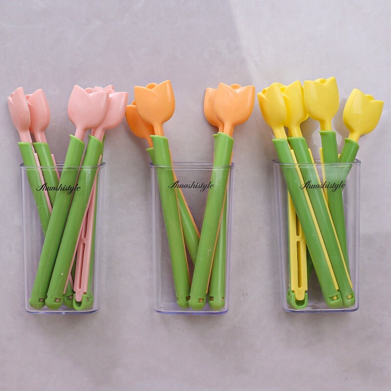 5 vnt Kūrybinis tulpės formos maišelio spaustukas Nešiojamas maisto užkandžių duonos sandarinimo spaustukas su magnetine laikymo dėžutės plastikine kišenės sandarinimo spaustuku