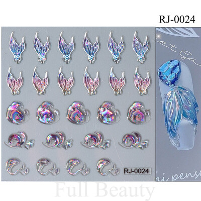 Λαμπερά αυτοκόλλητα νυχιών ουράς γοργόνας Ολογραφικό αστέρι 5D αυτοκόλλητα με θαλάσσια ζώα Μέδουσες νυχιών Sliders Scrub Καλοκαιρινό σχέδιο