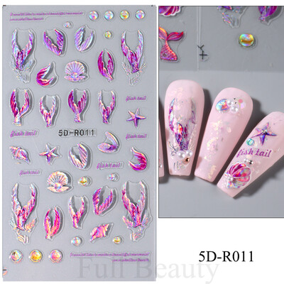 Λαμπερά αυτοκόλλητα νυχιών ουράς γοργόνας Ολογραφικό αστέρι 5D αυτοκόλλητα με θαλάσσια ζώα Μέδουσες νυχιών Sliders Scrub Καλοκαιρινό σχέδιο