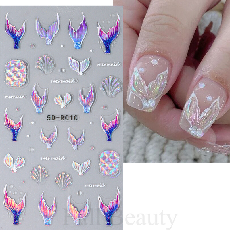 Λαμπερά αυτοκόλλητα νυχιών ουράς γοργόνας Ολογραφικό αστέρι 5D αυτοκόλλητα με θαλάσσια ζώα Μέδουσες νυχιών Sliders Scrub Καλοκαιρινό σχέδιο