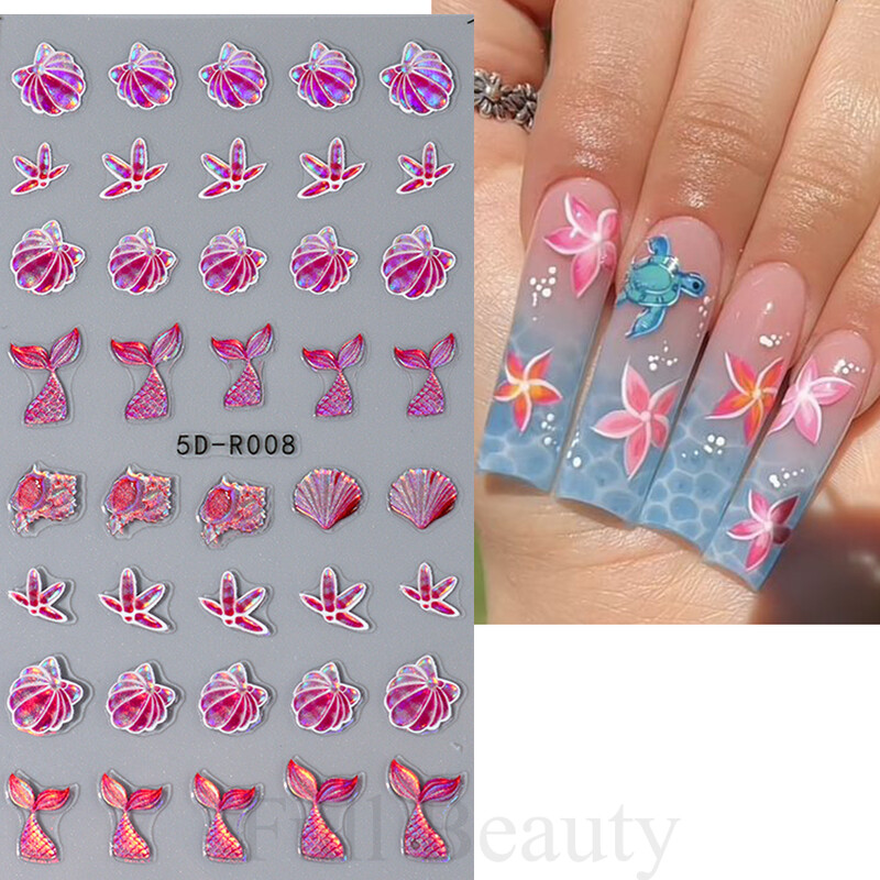 Λαμπερά αυτοκόλλητα νυχιών ουράς γοργόνας Ολογραφικό αστέρι 5D αυτοκόλλητα με θαλάσσια ζώα Μέδουσες νυχιών Sliders Scrub Καλοκαιρινό σχέδιο