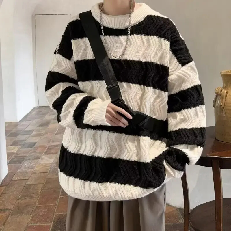 Pulover bărbătesc cu dungi, în stil preppy, tricotat, ocazional, cu gât rotund, îmbrăcăminte pentru ziua leneșă, brand la modă, stil Hong Kong