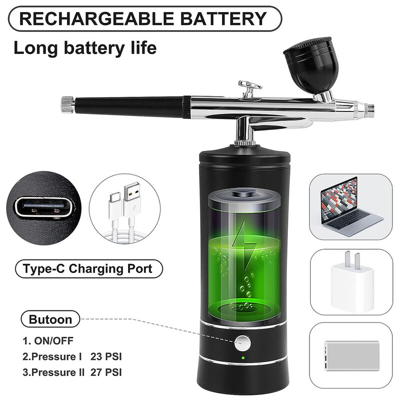 Nešiojamas įkraunamas belaidis purškimo šepetėlis su kompresoriumi, automatinio veikimo purškimo pistoletas, skirtas veido grožio nagų dailės tatuiruotės amatų tortų dažams