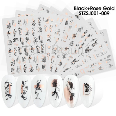 9 vnt nagų lipdukų rinkinys mišraus dizaino 3D holografinis lazeris Abstrakčios juostelės linijos lapų pavasario vasaros lipdukai manikiūro dekoracijos