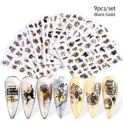 9 vnt nagų lipdukų rinkinys mišraus dizaino 3D holografinis lazeris Abstrakčios juostelės linijos lapų pavasario vasaros lipdukai manikiūro dekoracijos