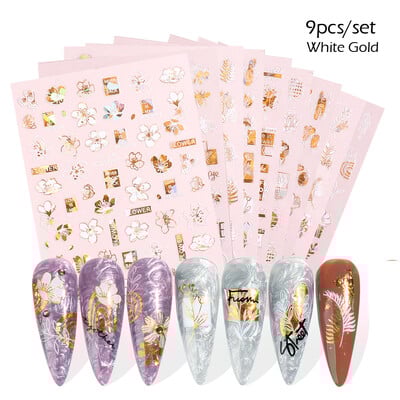 9 vnt nagų lipdukų rinkinys mišraus dizaino 3D holografinis lazeris Abstrakčios juostelės linijos lapų pavasario vasaros lipdukai manikiūro dekoracijos