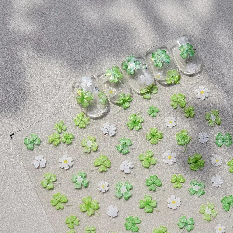 Blizganti žalia keturių lapų dobilų vasaros spalvinga želė gėlė ramunė Kalnų krištolas Lazerinis nagų dailės dekoravimo lipdukas Manikiūro įrankių lipdukas