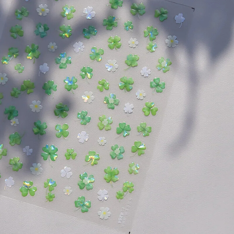 Blizganti žalia keturių lapų dobilų vasaros spalvinga želė gėlė ramunė Kalnų krištolas Lazerinis nagų dailės dekoravimo lipdukas Manikiūro įrankių lipdukas