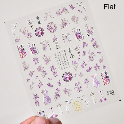 Κόκκινο λουλούδι δαμάσκηνου λουλούδι κινέζικα 3D αυτοκόλλητα αυτοκόλλητα διακόσμηση νυχιών Cheongsam Iris Lily Lotus Vase 5D Χαλκομανίες μανικιούρ