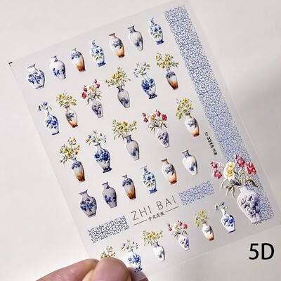 Κόκκινο λουλούδι δαμάσκηνου λουλούδι κινέζικα 3D αυτοκόλλητα αυτοκόλλητα διακόσμηση νυχιών Cheongsam Iris Lily Lotus Vase 5D Χαλκομανίες μανικιούρ