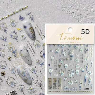 Κόκκινο λουλούδι δαμάσκηνου λουλούδι κινέζικα 3D αυτοκόλλητα αυτοκόλλητα διακόσμηση νυχιών Cheongsam Iris Lily Lotus Vase 5D Χαλκομανίες μανικιούρ