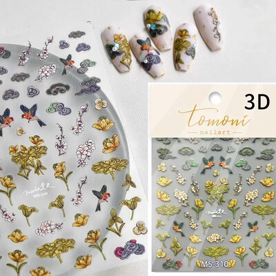 Κόκκινο λουλούδι δαμάσκηνου λουλούδι κινέζικα 3D αυτοκόλλητα αυτοκόλλητα διακόσμηση νυχιών Cheongsam Iris Lily Lotus Vase 5D Χαλκομανίες μανικιούρ