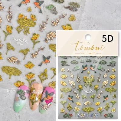 Κόκκινο λουλούδι δαμάσκηνου λουλούδι κινέζικα 3D αυτοκόλλητα αυτοκόλλητα διακόσμηση νυχιών Cheongsam Iris Lily Lotus Vase 5D Χαλκομανίες μανικιούρ