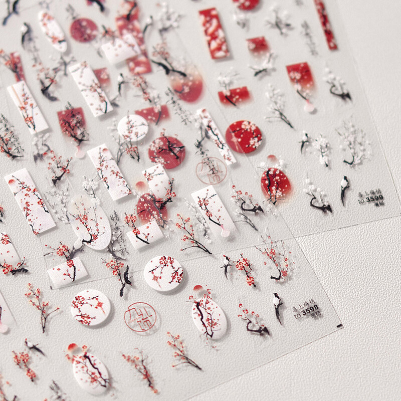 Κόκκινο λουλούδι δαμάσκηνου λουλούδι κινέζικα 3D αυτοκόλλητα αυτοκόλλητα διακόσμηση νυχιών Cheongsam Iris Lily Lotus Vase 5D Χαλκομανίες μανικιούρ