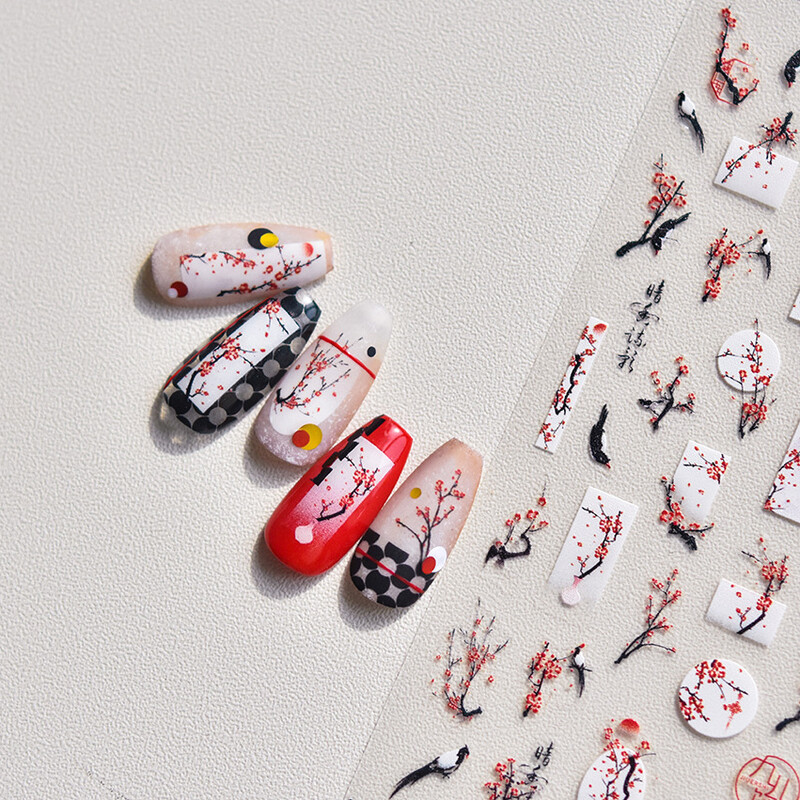 Κόκκινο λουλούδι δαμάσκηνου λουλούδι κινέζικα 3D αυτοκόλλητα αυτοκόλλητα διακόσμηση νυχιών Cheongsam Iris Lily Lotus Vase 5D Χαλκομανίες μανικιούρ