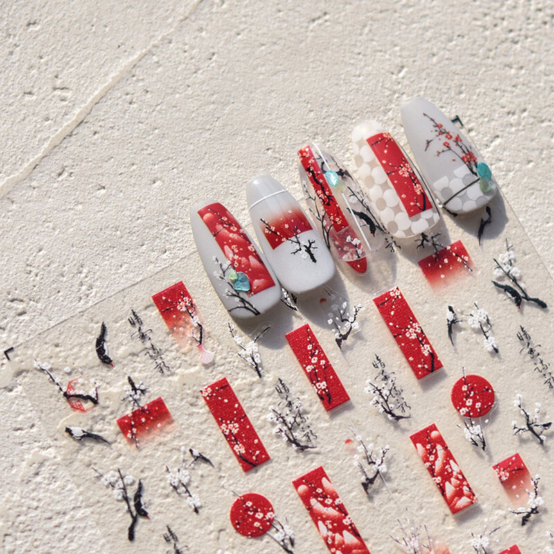 Κόκκινο λουλούδι δαμάσκηνου λουλούδι κινέζικα 3D αυτοκόλλητα αυτοκόλλητα διακόσμηση νυχιών Cheongsam Iris Lily Lotus Vase 5D Χαλκομανίες μανικιούρ