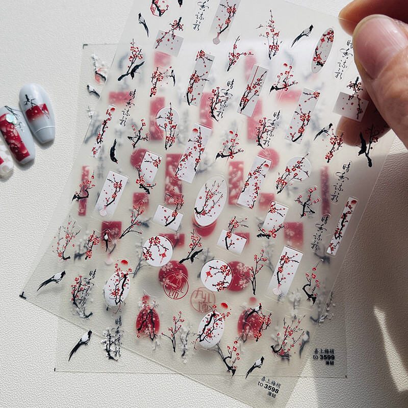 Κόκκινο λουλούδι δαμάσκηνου λουλούδι κινέζικα 3D αυτοκόλλητα αυτοκόλλητα διακόσμηση νυχιών Cheongsam Iris Lily Lotus Vase 5D Χαλκομανίες μανικιούρ