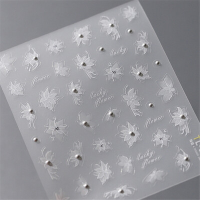 1 τμχ 5D Exquisite White Flower Αυτοκόλλητα Νυχιών 2024 Διακοσμητικά νυχιών Kawaii Flower Αυτοκόλλητα συρόμενα αξεσουάρ DIY