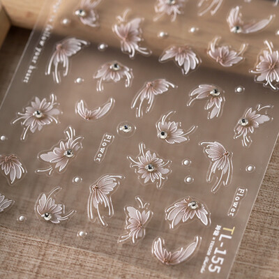 1 τμχ 5D Exquisite White Flower Αυτοκόλλητα Νυχιών 2024 Διακοσμητικά νυχιών Kawaii Flower Αυτοκόλλητα συρόμενα αξεσουάρ DIY