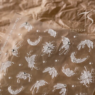 1 τμχ 5D Exquisite White Flower Αυτοκόλλητα Νυχιών 2024 Διακοσμητικά νυχιών Kawaii Flower Αυτοκόλλητα συρόμενα αξεσουάρ DIY