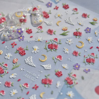 1 buc 5D Relief Five Petale Flower Nail Art Stickers Kawaii Exquisite Red Rose Nail Decor Decals Adeziv Transfer Slider DIY