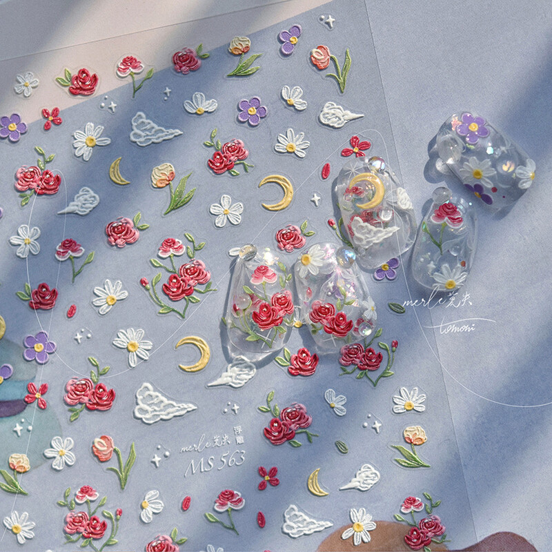 1 buc 5D Relief Five Petale Flower Nail Art Stickers Kawaii Exquisite Red Rose Nail Decor Decals Adeziv Transfer Slider DIY