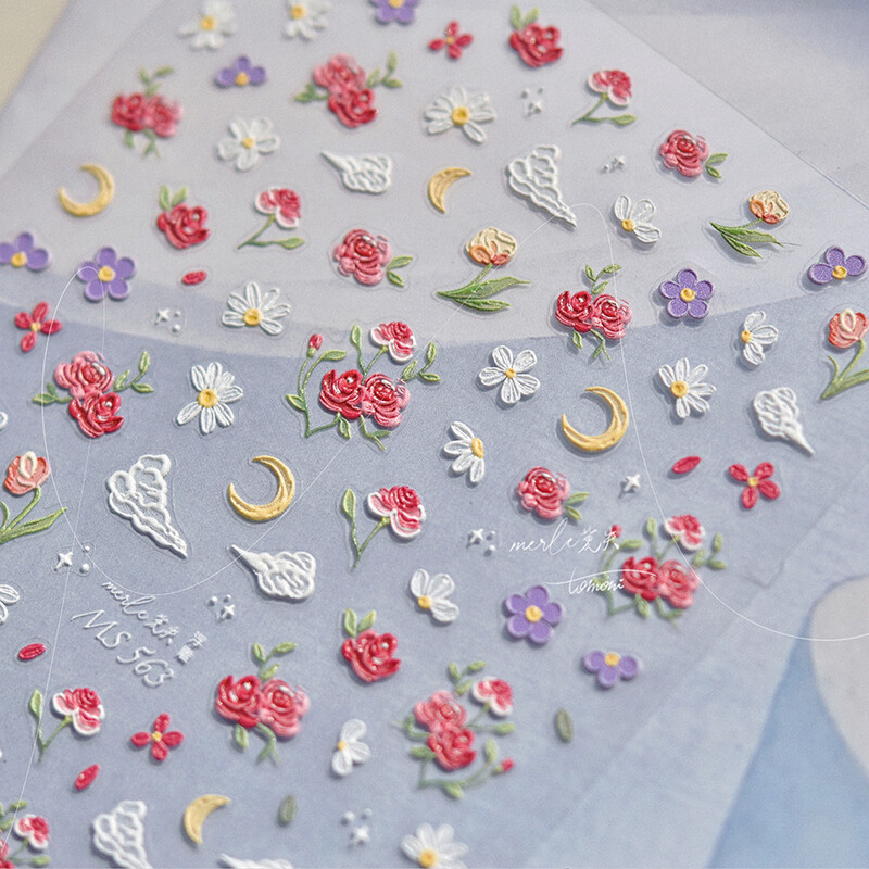 1 buc 5D Relief Five Petale Flower Nail Art Stickers Kawaii Exquisite Red Rose Nail Decor Decals Adeziv Transfer Slider DIY