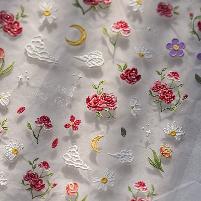 1 buc 5D Relief Five Petale Flower Nail Art Stickers Kawaii Exquisite Red Rose Nail Decor Decals Adeziv Transfer Slider DIY