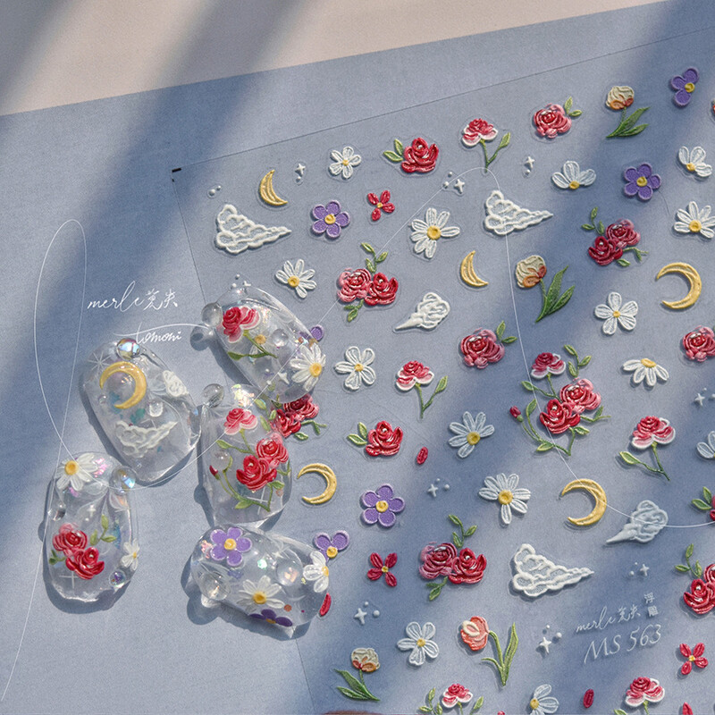 1 buc 5D Relief Five Petale Flower Nail Art Stickers Kawaii Exquisite Red Rose Nail Decor Decals Adeziv Transfer Slider DIY